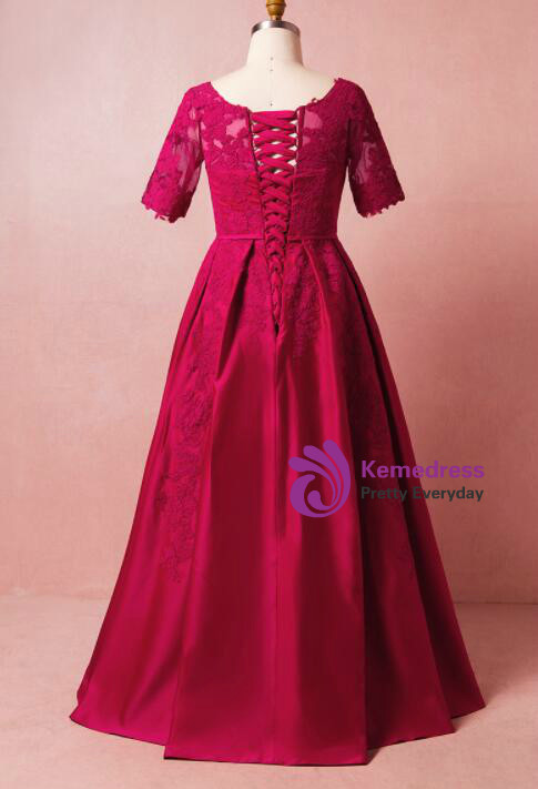 Plus Size Burgundy Satin Appliques Short Sleeve Long Prom Dress