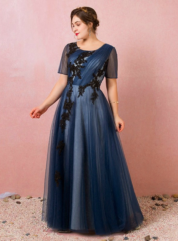 Plus Size Blue Tulle Short Sleeve Appliques Prom Dress