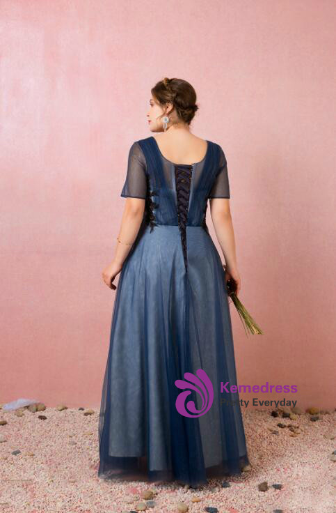 Plus Size Blue Tulle Short Sleeve Appliques Prom Dress