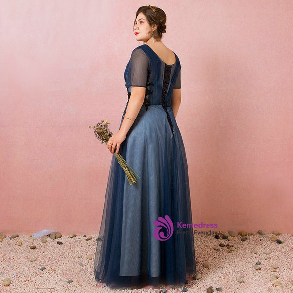 Plus Size Blue Tulle Short Sleeve Appliques Prom Dress