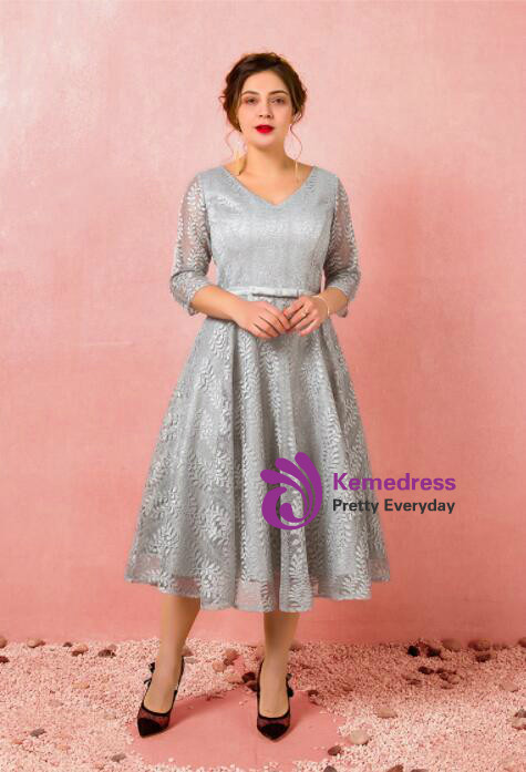 Plus Size Gray Lace Short Sleeve Tea Length Prom Dress