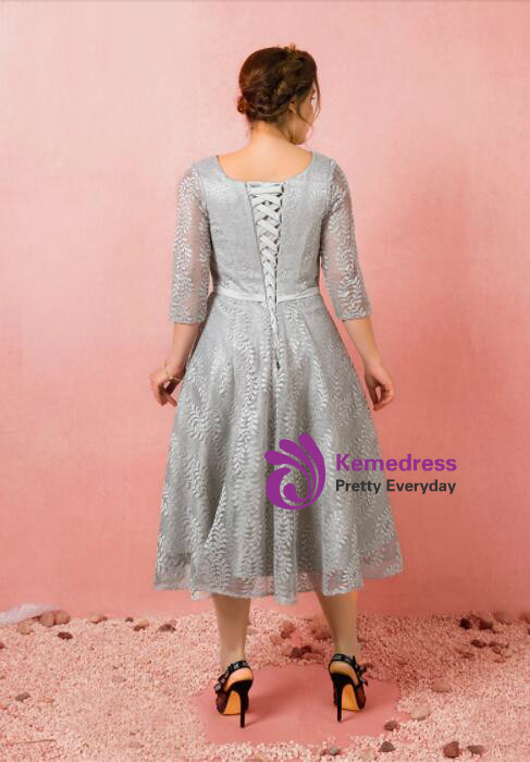 Plus Size Gray Lace Short Sleeve Tea Length Prom Dress