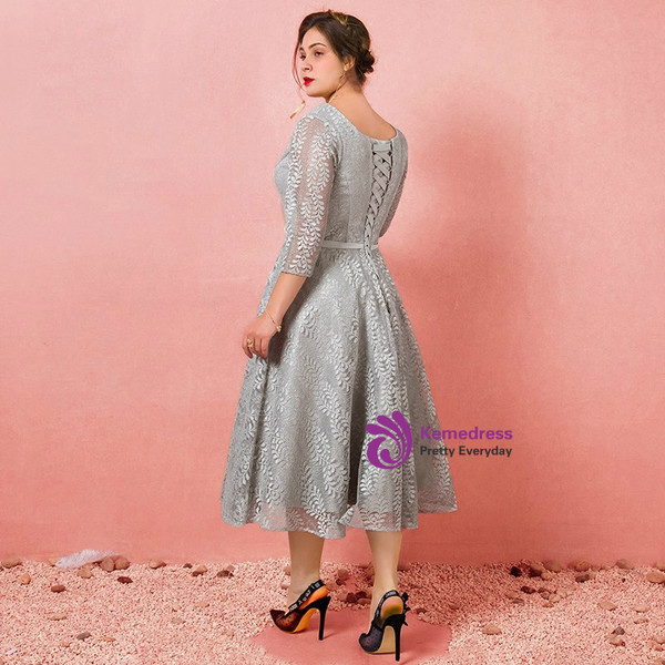 Plus Size Gray Lace Short Sleeve Tea Length Prom Dress