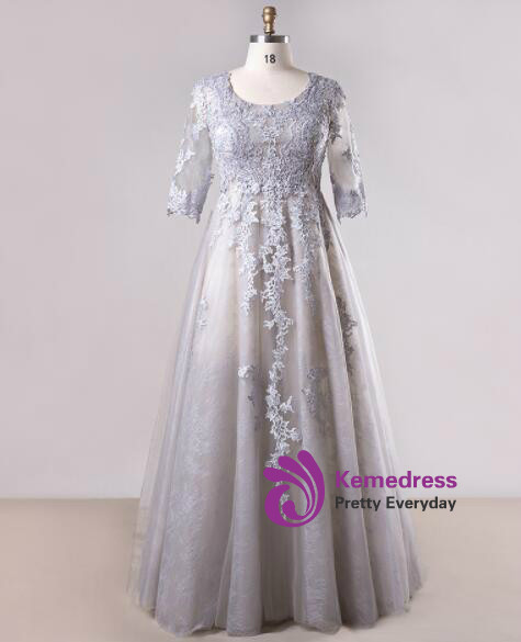 Plus Size Gray 3/4 Sleeve Tulle Appliques Prom Dress