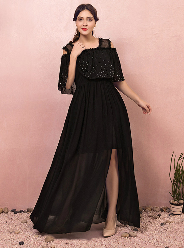 Fashion Plus Size Two Pieces Black Chiffon Prom Dress