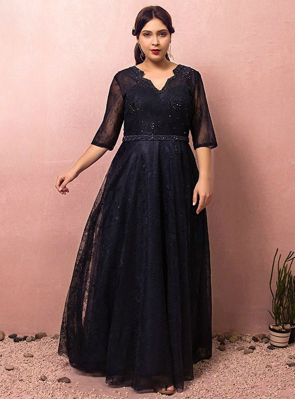 Plus Size Blue Tulle Half Sleeve Backless Prom Dress