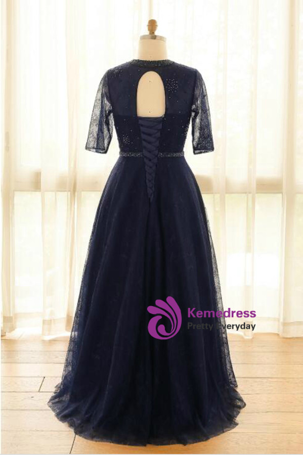 Plus Size Blue Tulle Half Sleeve Backless Prom Dress