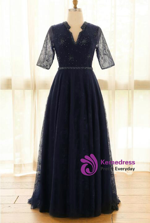 Plus Size Blue Tulle Half Sleeve Backless Prom Dress