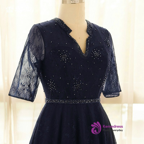 Plus Size Blue Tulle Half Sleeve Backless Prom Dress