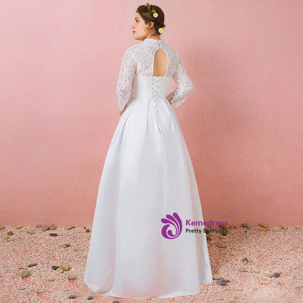 Plus Size Long Sleeve Lace Satin High Neck Wedding Dress