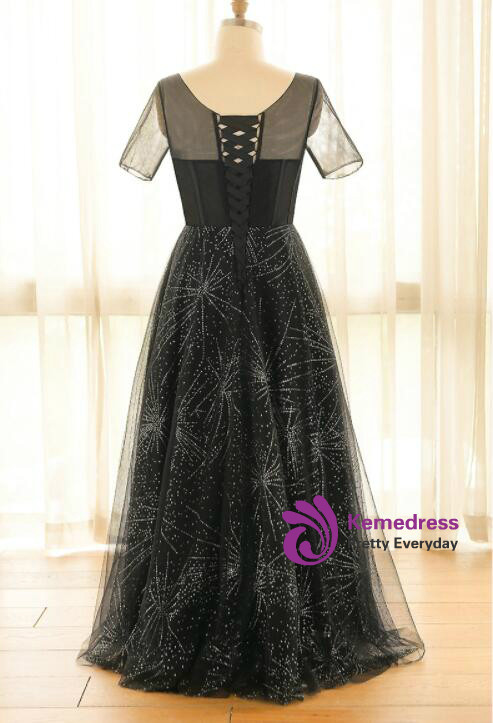Plus Size Black Short Sleeve V-neck Prom Dress