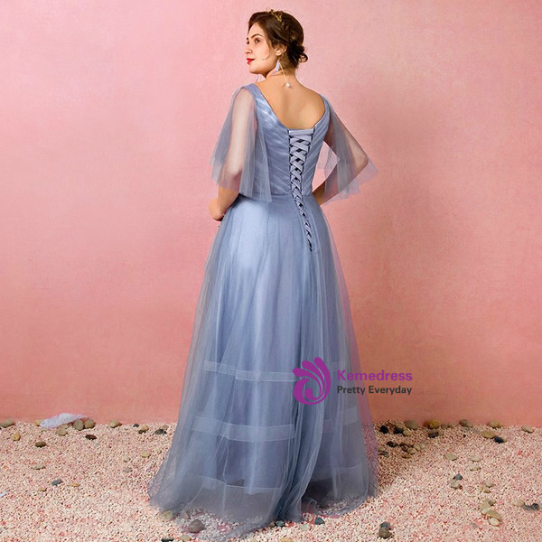 Plus Size Blue Tulle Appliques V-neck Prom Dress