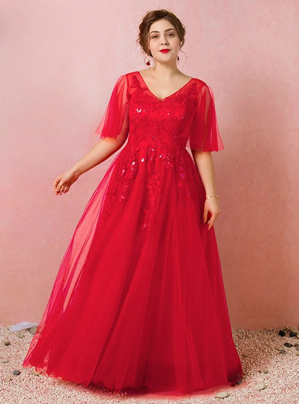 Plus Size Red Deep V-Neck Tulle Floor Length Prom Dress