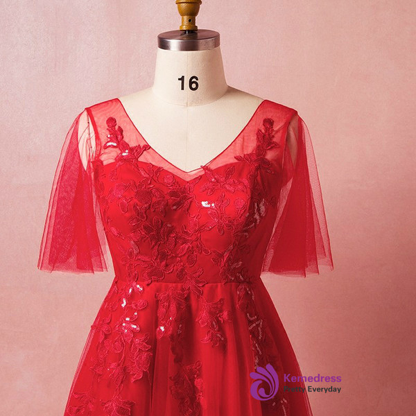 Plus Size Red Deep V-Neck Tulle Floor Length Prom Dress