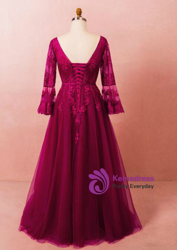 Plus Size Burgundy Long Sleeve Tulle Backless Prom Dress