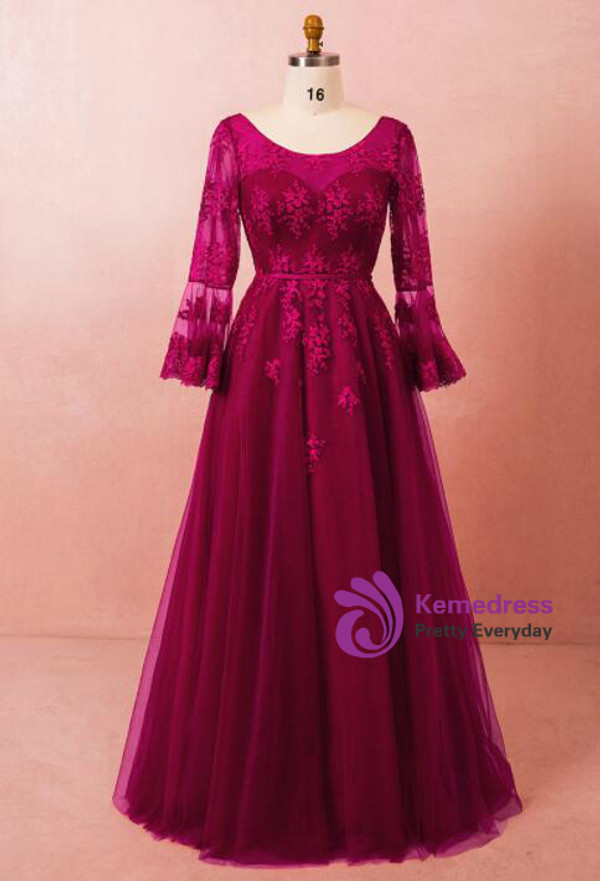 Plus Size Burgundy Long Sleeve Tulle Backless Prom Dress