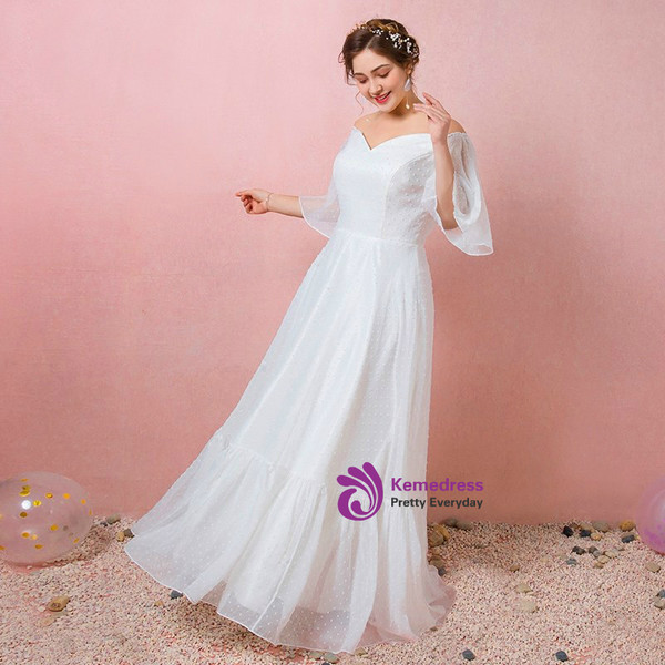 Plus Size A-line White Off the Shoulder Short Sleeve Prom Dress