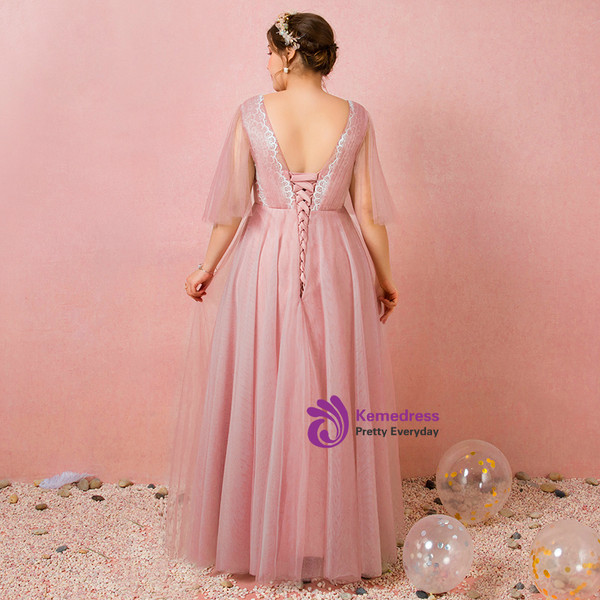 Plus Size Pink Tulle V-neck Backless Prom Dress