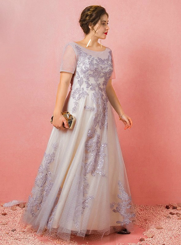 Plus Size Gray Tulle Short Sleeve Backless Prom Dress