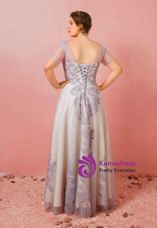 Plus Size Gray Tulle Short Sleeve Backless Prom Dress