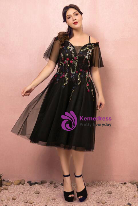 Plus Size Short Knee Length Tulle Appliques Prom Dress
