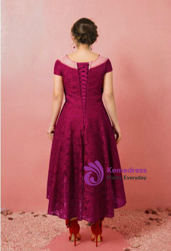 Plus Size Burgundy Hi Lo Lace Sleeveless Prom Dress