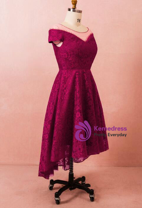 Plus Size Burgundy Hi Lo Lace Sleeveless Prom Dress