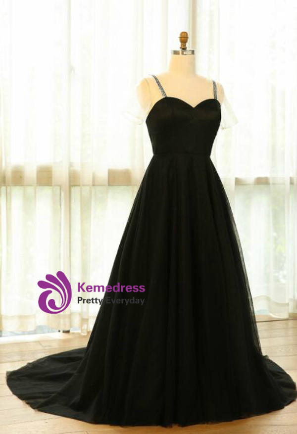 Plus Size Black Tulle Straps V-neck Prom Dress