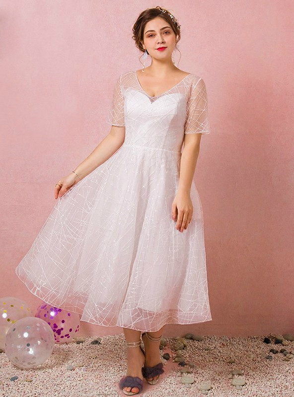 Plus Size White Tulle V-neck Tea Length Wedding Dress