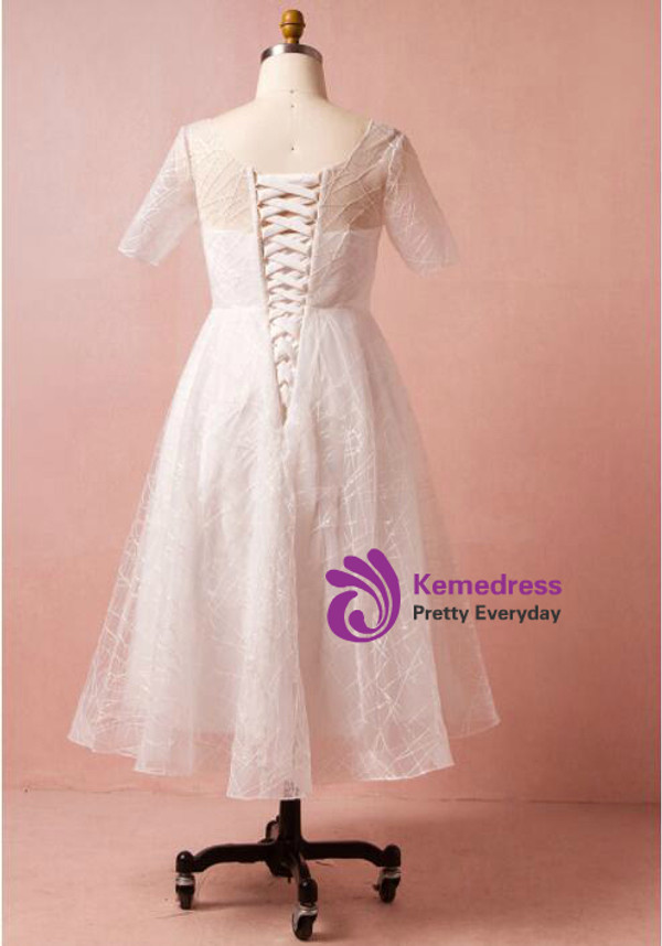 Plus Size White Tulle V-neck Tea Length Wedding Dress