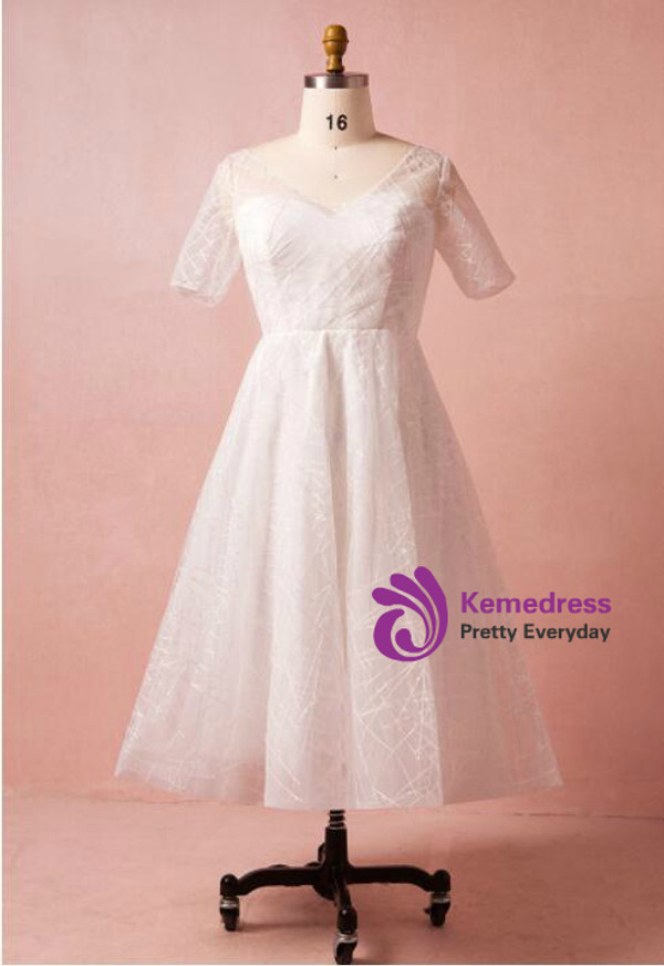 Plus Size White Tulle V-neck Tea Length Wedding Dress