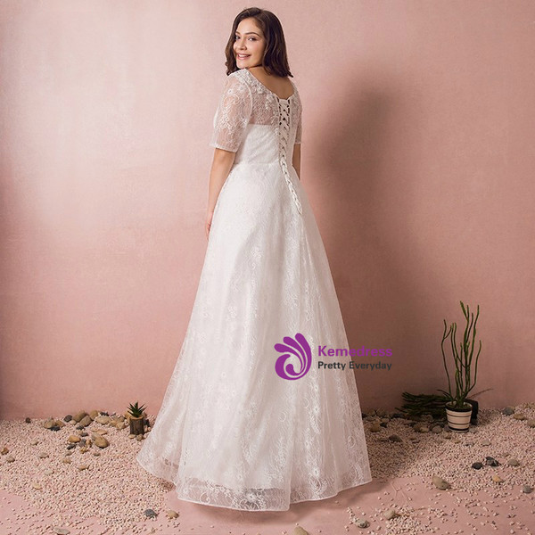 Plus Size Short Sleeve White Lace Wedding Dress