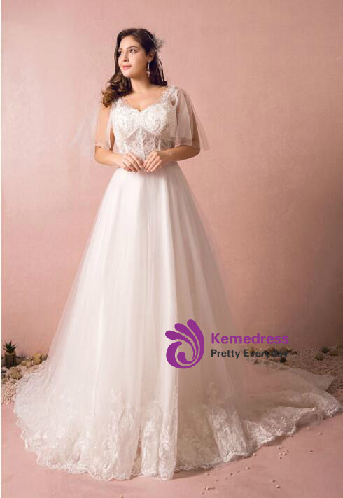 Plus Size White Tulle V-neck Backless Wedding Dress