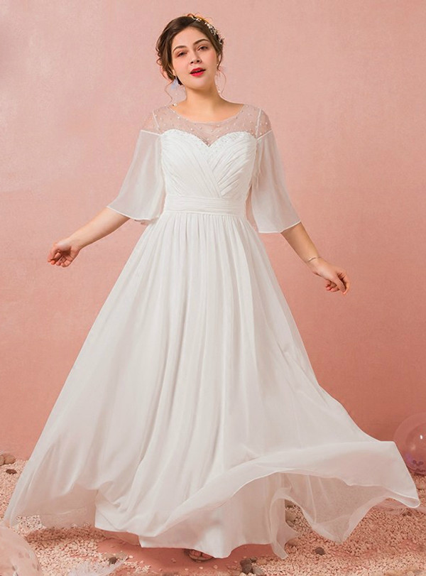 Plus Size A-Line White Chiffon Short Sleeve Backless Wedding Dress