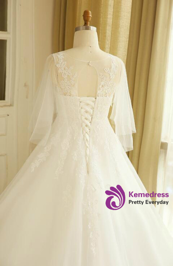 Plus Size White Tulle V-neck Open Back Wedding Dress