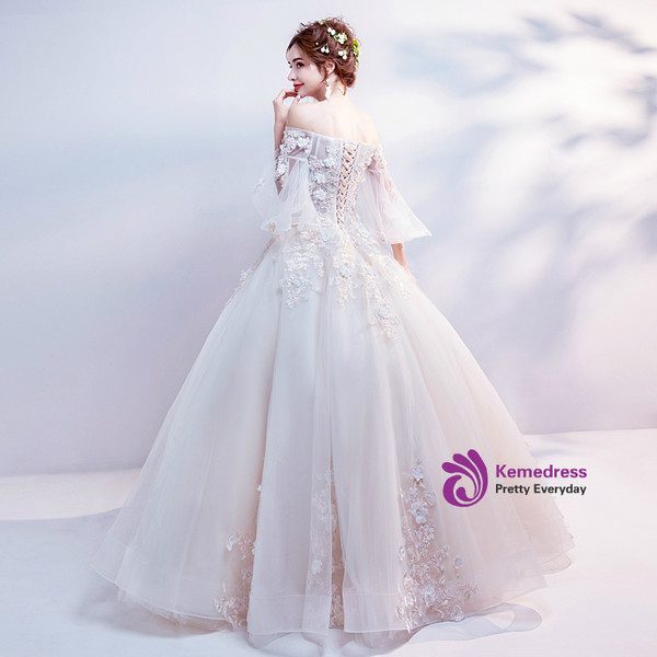 In Stock:Ship in 48 hours White Off The Shoulder Appliques Wedding Dress