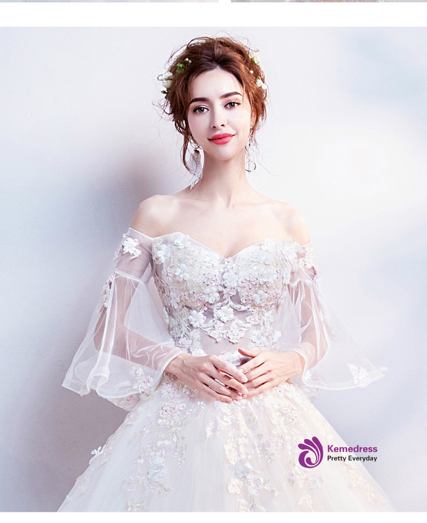 In Stock:Ship in 48 hours White Off The Shoulder Appliques Wedding Dress