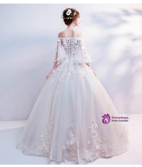 In Stock:Ship in 48 hours White Off The Shoulder Appliques Wedding Dress