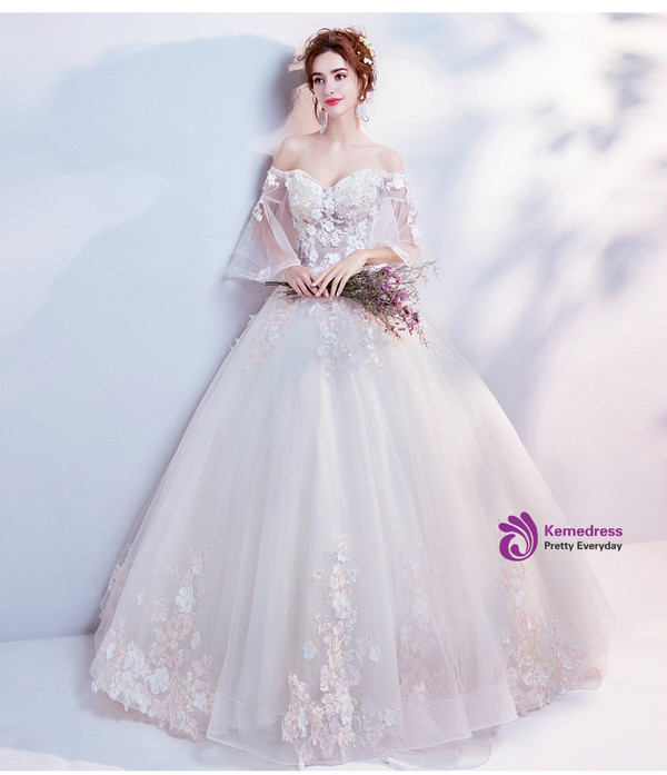 In Stock:Ship in 48 hours White Off The Shoulder Appliques Wedding Dress