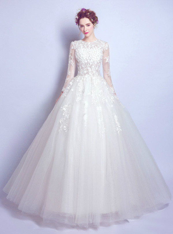 In Stock:Ship in 48 hours Ball Gown Long Sleeve White Tulle Wedding Dress