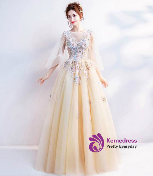In Stock:Ship in 48 hours Yellow Appliques Tulle Wedding Dress