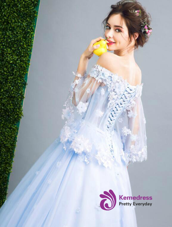 In Stock:Ship in 48 hours Blue Off The Shoulder Tulle Wedding Dress