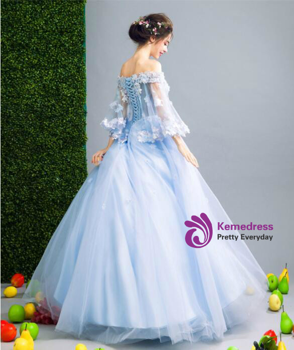 In Stock:Ship in 48 hours Blue Off The Shoulder Tulle Wedding Dress