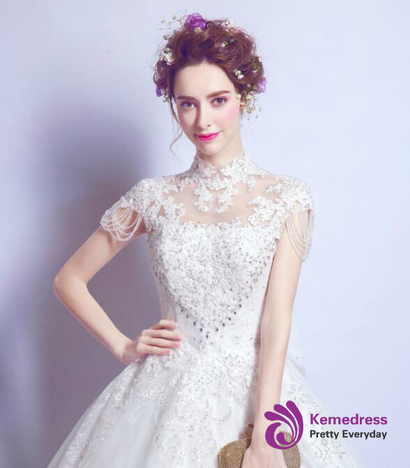 In Stock:Ship in 48 hours Ball High Neck White Wedding Dress