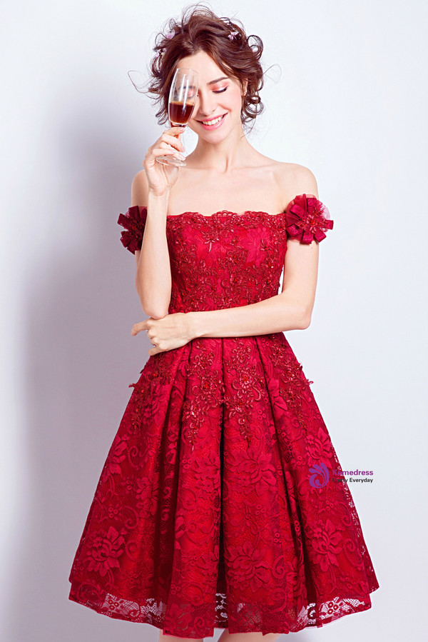 In Stock:Ship in 48 hours Red Appliques Off The Shoulder Prom Dress