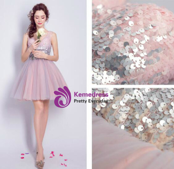 In Stock:Ship in 48 hours Pink V-Neck Tulle Homecoming Dress