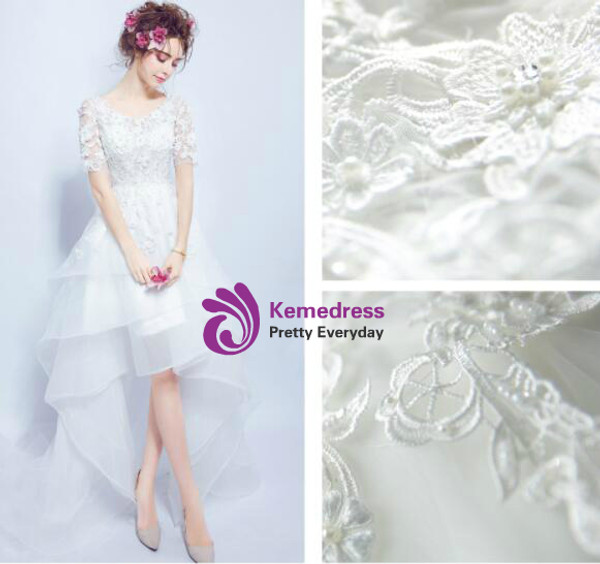In Stock:Ship in 48 hours Hi Lo Short Sleeve Tulle Wedding Dress