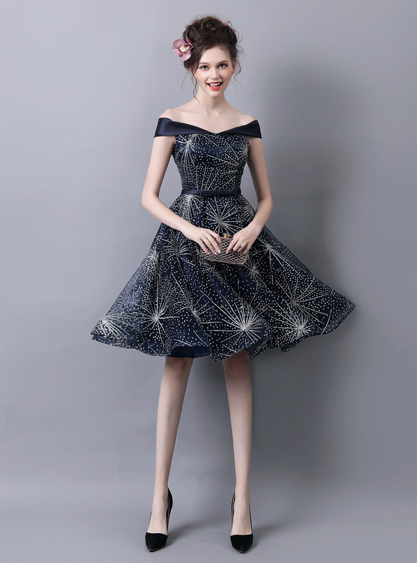 In Stock:Ship in 48 hours Blue Off The Shoulder Homecoming Dress