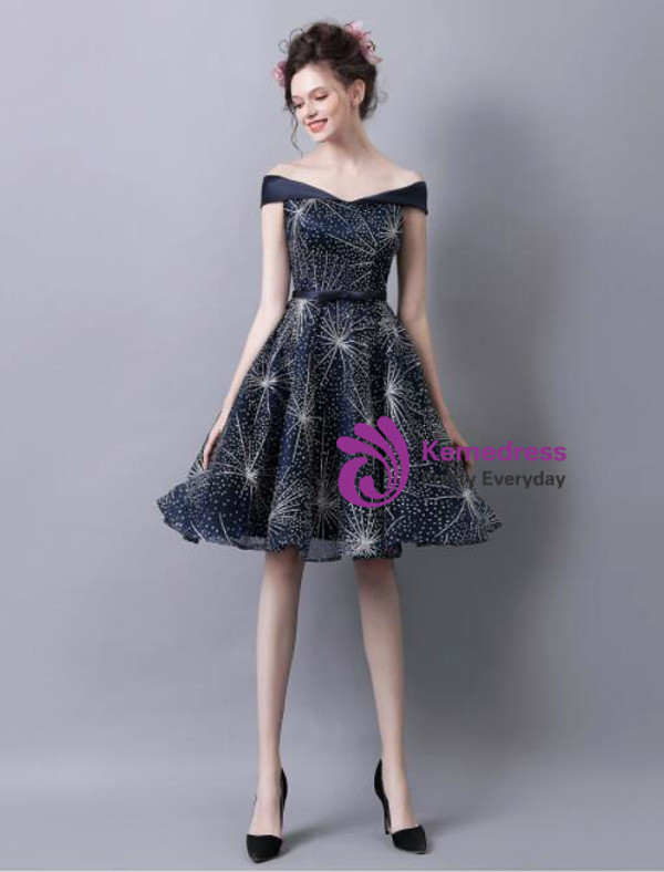 In Stock:Ship in 48 hours Blue Off The Shoulder Homecoming Dress