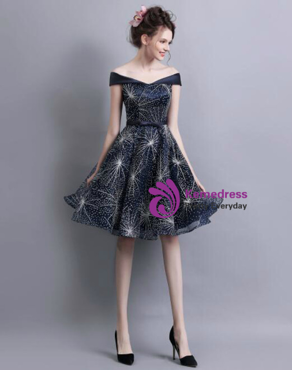 In Stock:Ship in 48 hours Blue Off The Shoulder Homecoming Dress